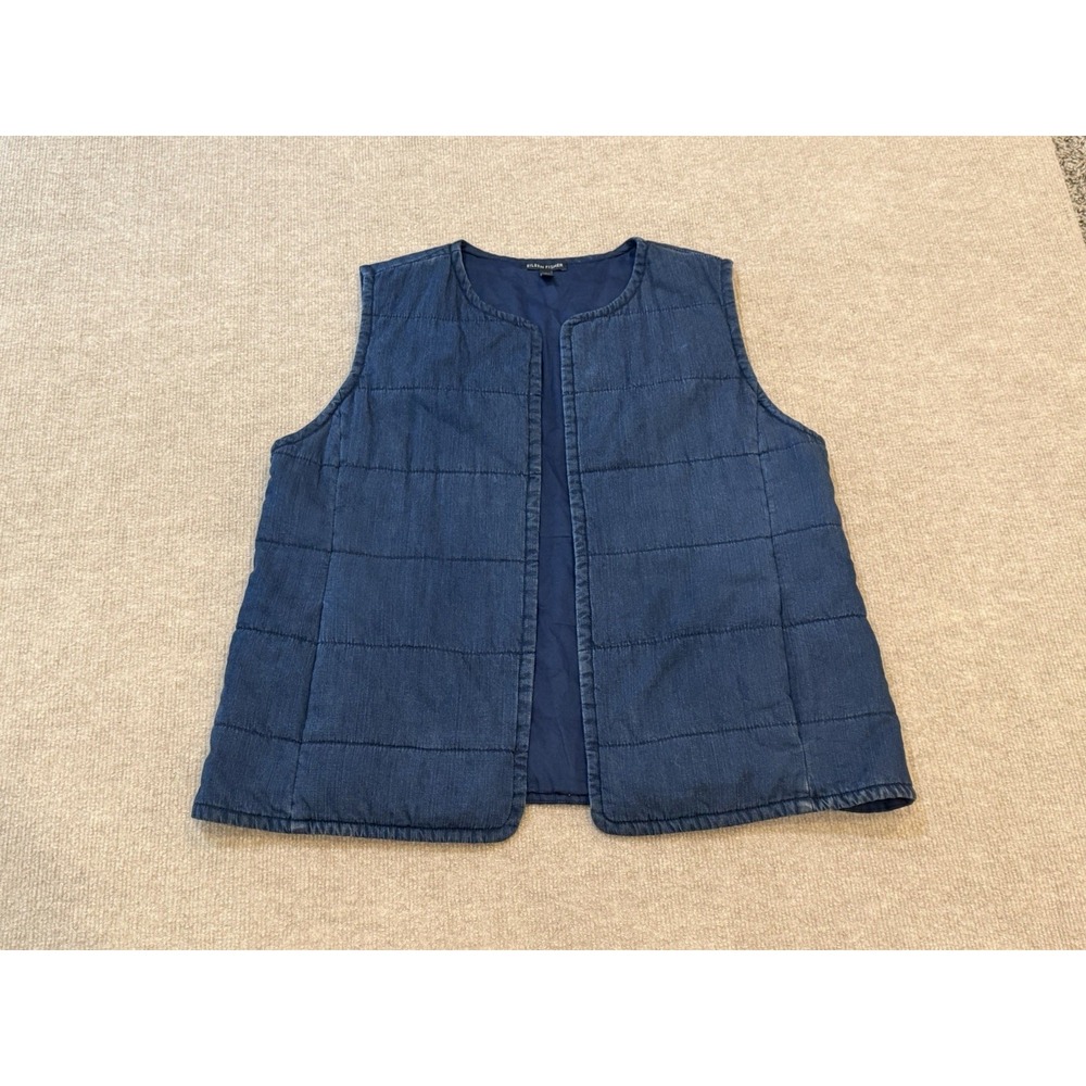 EILEEN FISHER Quilted Denim Blue Tencel Organic Cotton Vest Medium